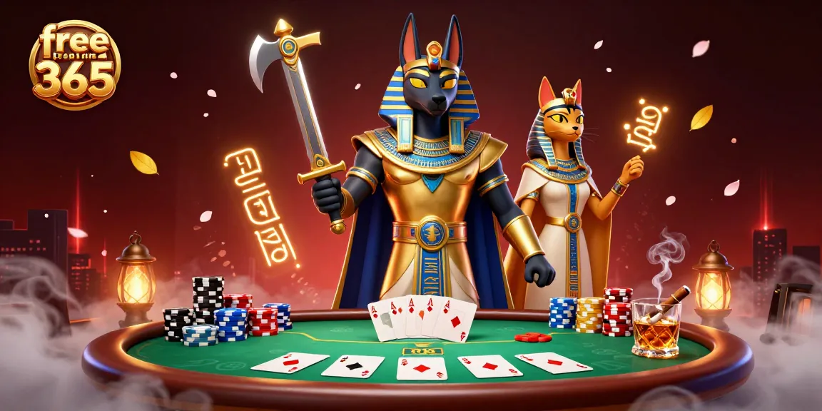 Experience exciting gameplay with free credit 365; Anubis, Bastet, poker elements create a vibrant casino atmosphere.