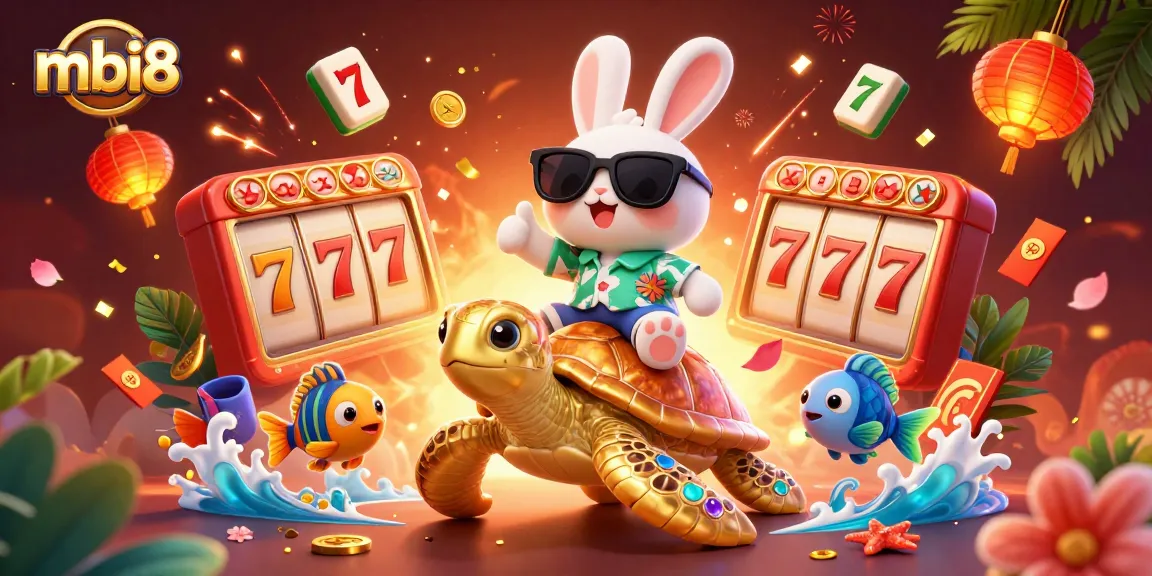 Experience the thrilling games at mbi8, with a lucky rabbit and golden sea turtle enjoying casino elements.